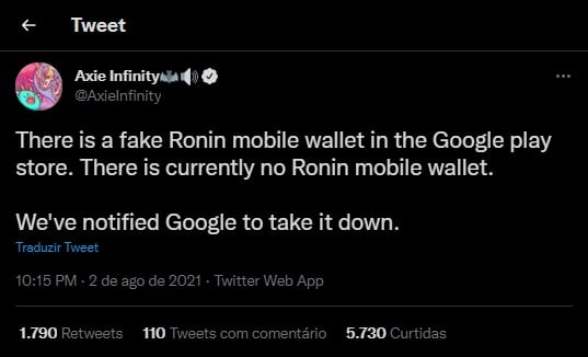 Axie Infinity's Twitter profile warned against fake Ronin on Google Play